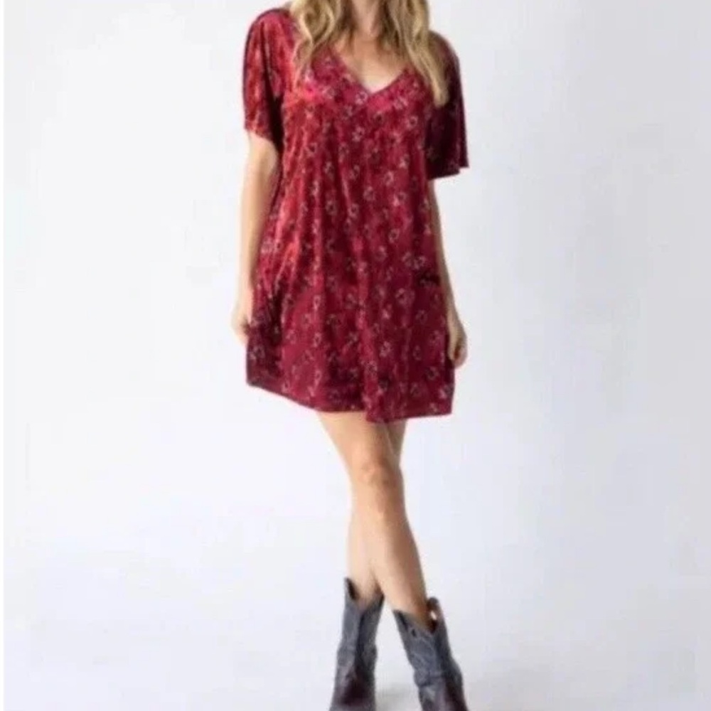 Natural Life Claire V-Neck Velour Velvet  Oversized Mini Dress Floral Pockets M